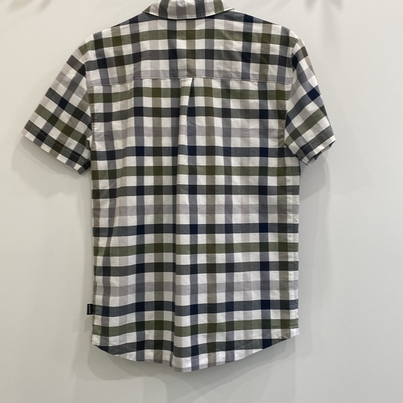 Checkered green blue grey woods short sleeve button down shirt - Picture 3 of 7
